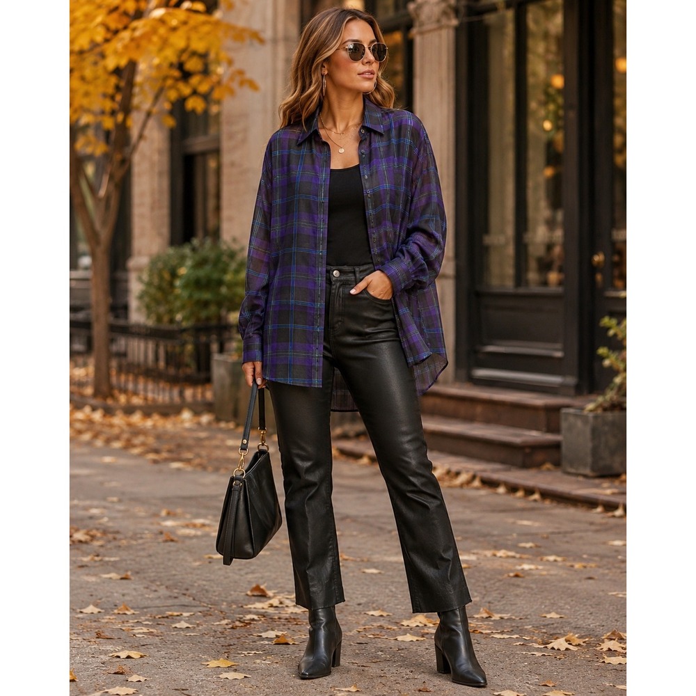 Lauren Ralph Lauren Blouse Women Large Purple Green Plaid Sheer Tunic Preppy